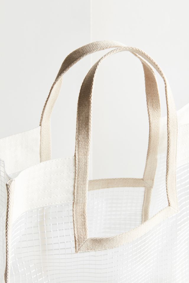 ★ POSZER★ Mild Stripe Tote Bag White 252MSTTB008F Polyester Beach Tote Bags with Zipper