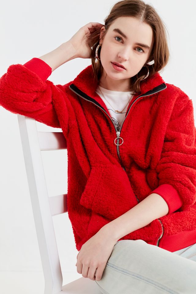 UO Charmane Red Fleece Zip-Front Jacket | Urban Outfitters