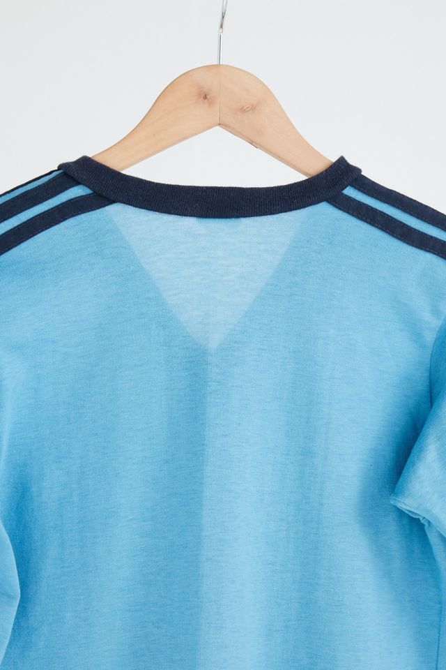 Vintage 90s Adidas Blue White Stripe Single Stitch Sports Tee S M