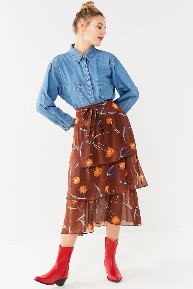 UO Stevie Tiered Ruffle Midi Skirt