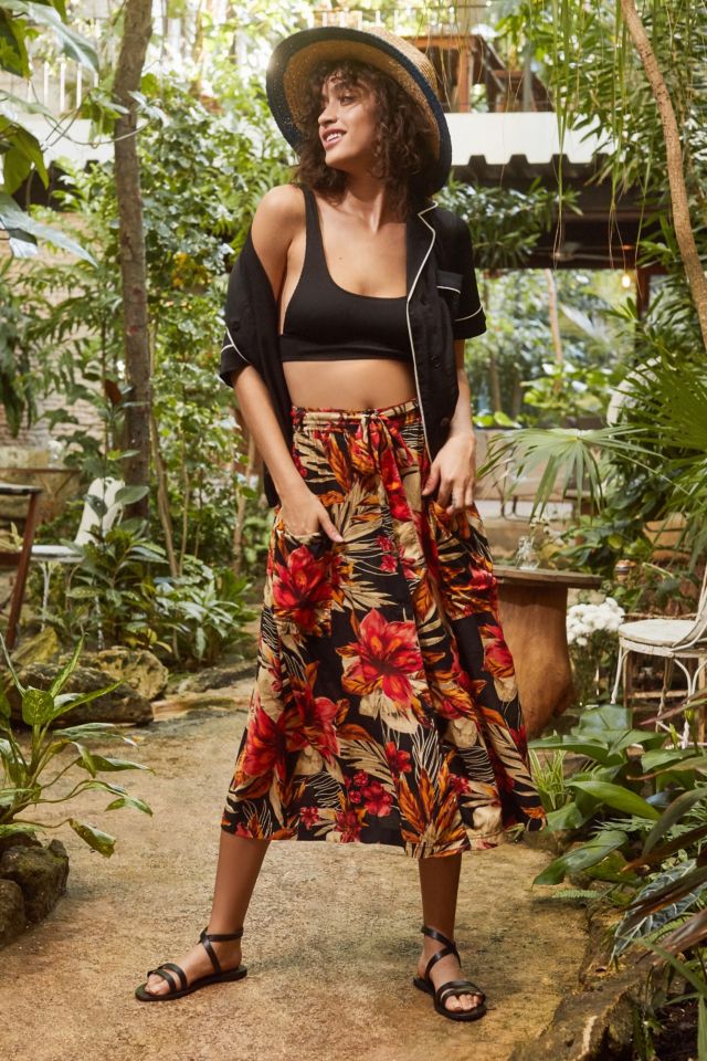 UO Tie Belt Tropical Midi Skirt