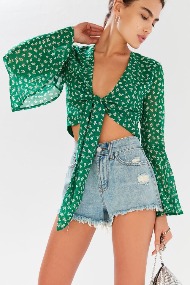 Bell Sleeve Self-Tie Crop Top