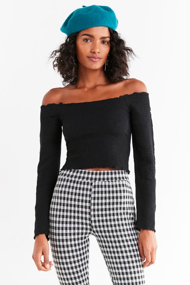 UO Smocked Long Sleeve Solid Bardot Top #3