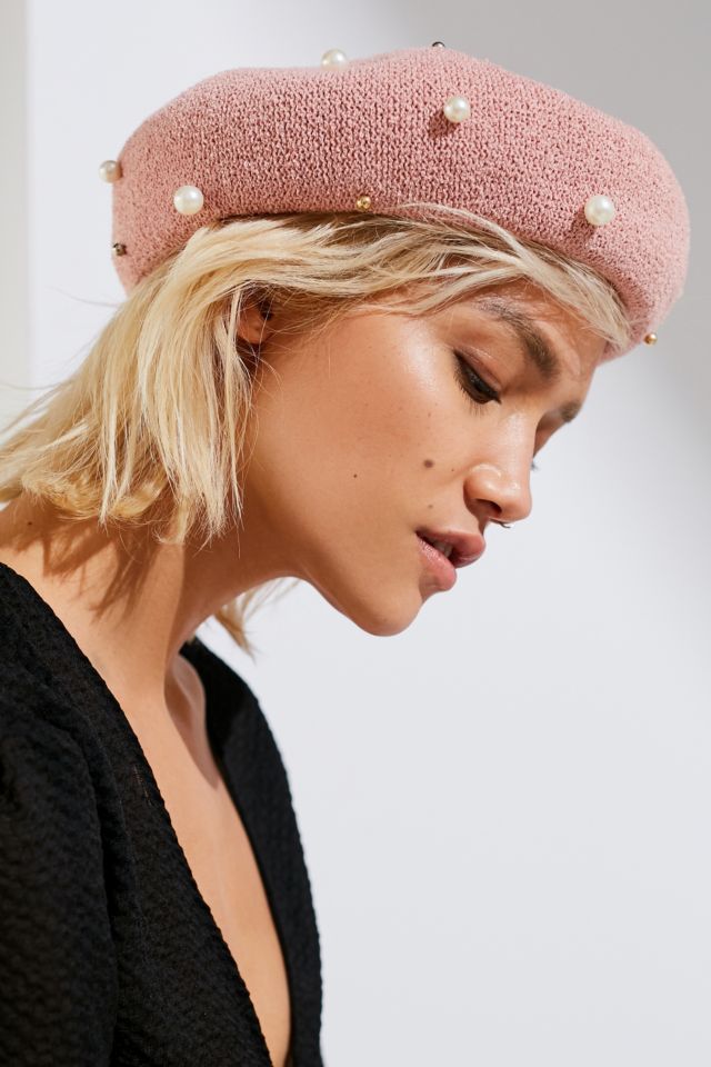 Pearl-Embellished Nubby Beret #1