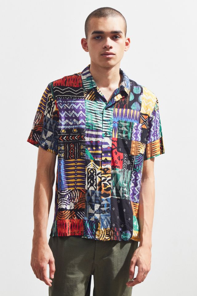 UO Blocked Bright Pattern Rayon Short Sleeve Button-Down Shirt #1