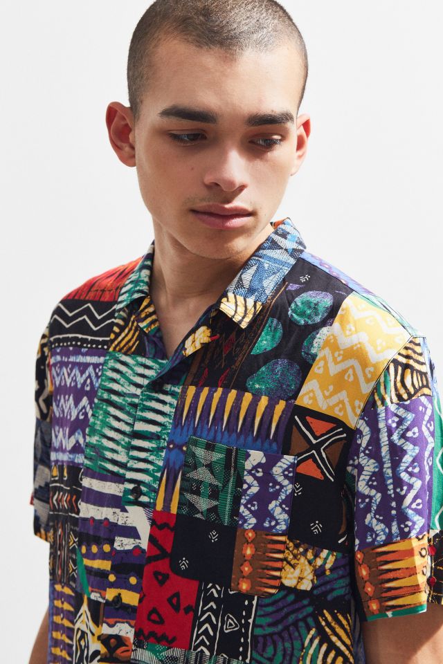 UO Blocked Bright Pattern Rayon Short Sleeve Button-Down Shirt #2