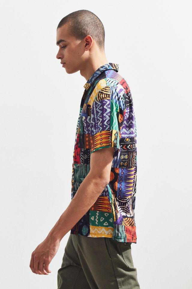 UO Blocked Bright Pattern Rayon Short Sleeve Button-Down Shirt #3