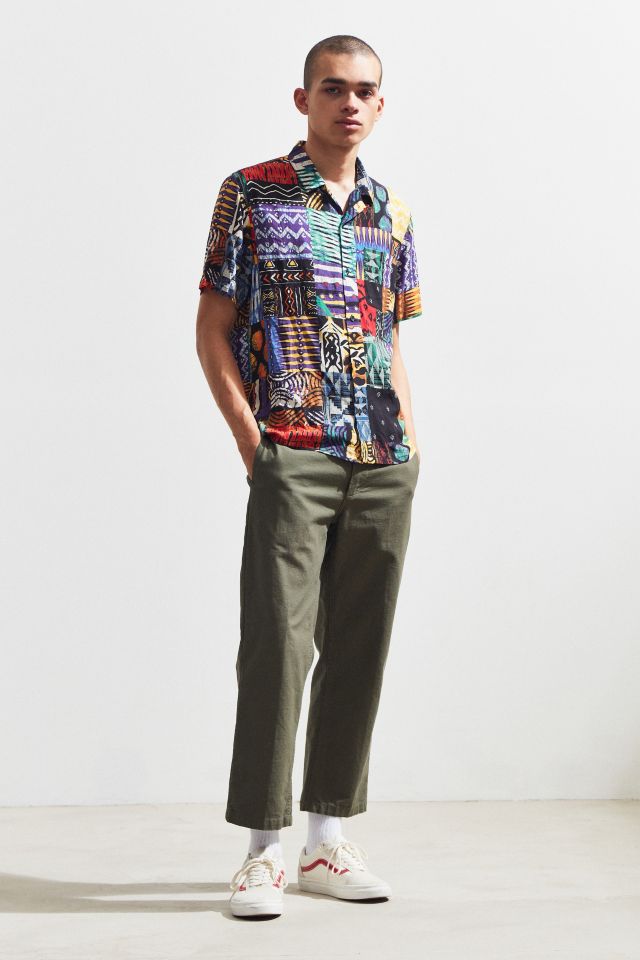 UO Blocked Bright Pattern Rayon Short Sleeve Button-Down Shirt #5