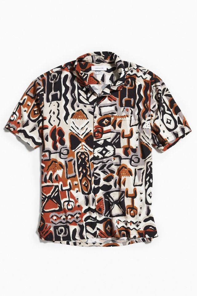 UO Blocked Pattern Rayon Short Sleeve Button-Down Shirt