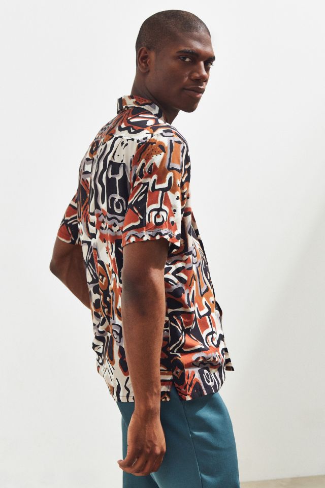 UO Blocked Pattern Rayon Short Sleeve Button-Down Shirt #2