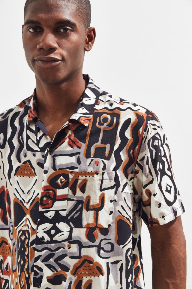 UO Blocked Pattern Rayon Short Sleeve Button-Down Shirt #4