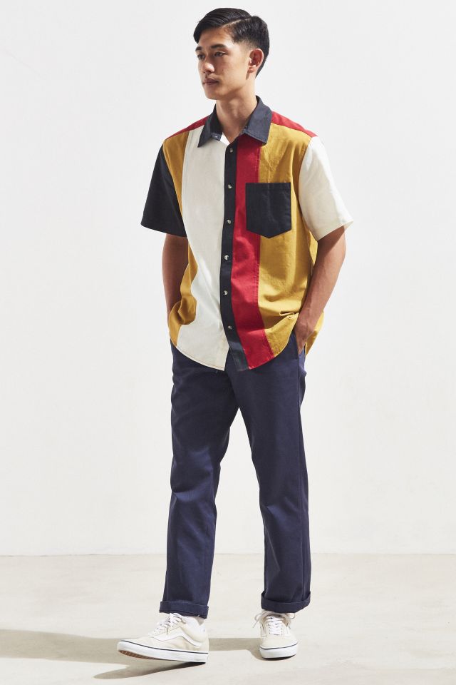 UO Colorblocked Denim Collar Short Sleeve Button-Down Shirt #5