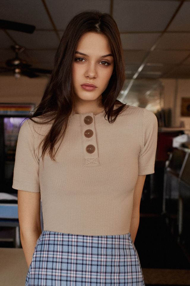 UO Rina Ribbed Knit Button-Down Tee #1