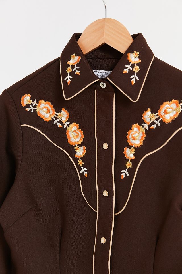 Chemise western vintage brune avec broderie à fleurs #1