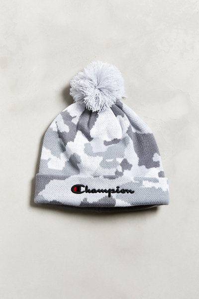 Camo Inspired Champion Script Knit Pom Beanie Champion Script Knit