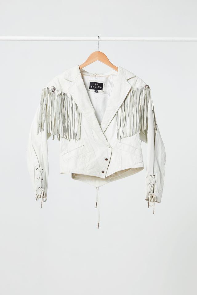 White Leather Fringe Jacket S