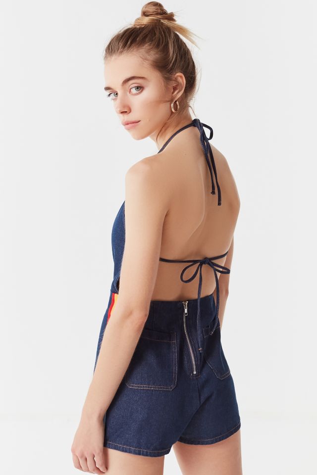 Combishort à dos nu en denim rayé arc-en-ciel UO #1