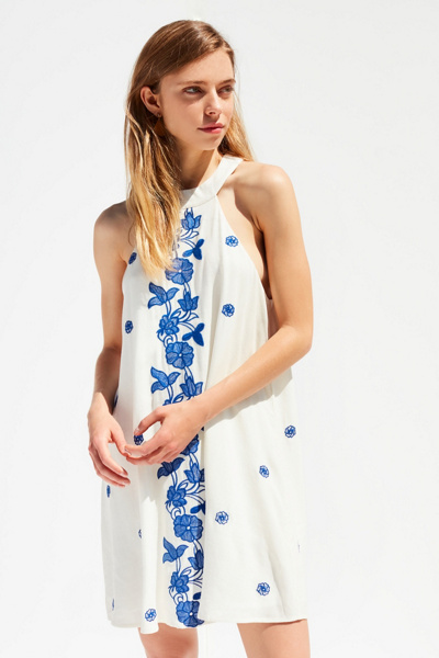 UO Embroidered High-Neck Mini Dress | Urban Outfitters