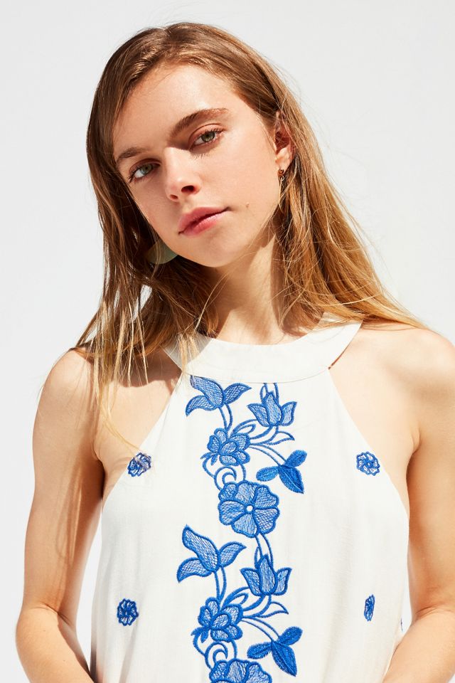 UO Embroidered High-Neck Mini Dress | Urban Outfitters