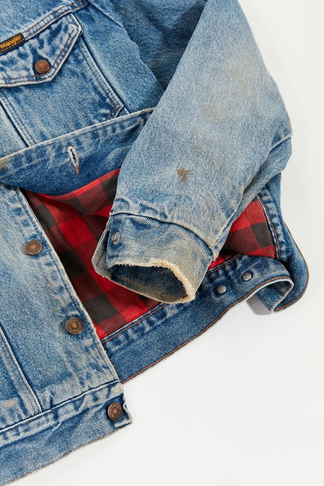 Vintage Wrangler Red Plaid Lined Denim Trucker Jacket #1