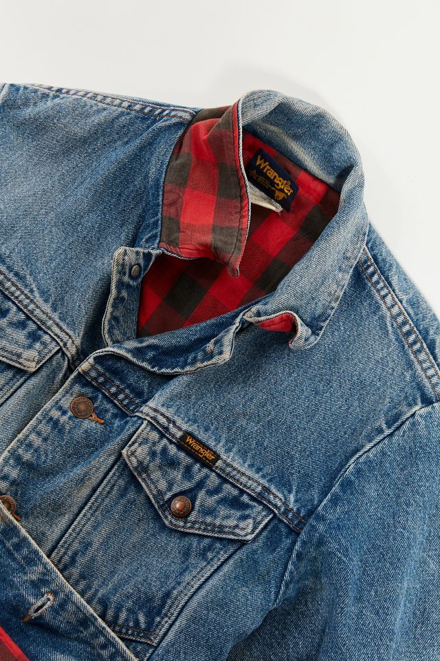 Vintage Wrangler Red Plaid Lined Denim Trucker Jacket #2