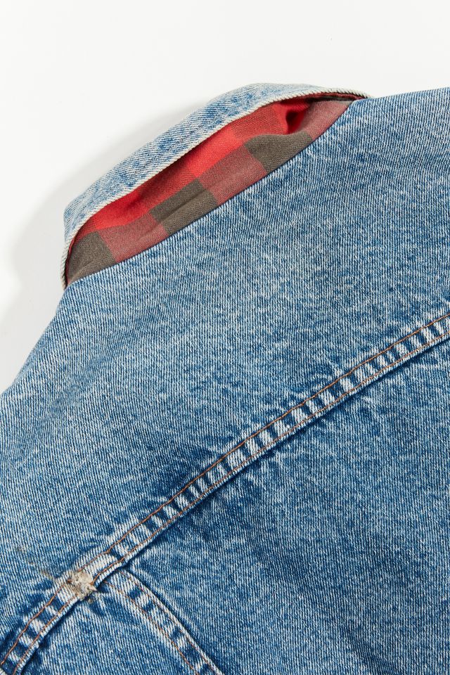 Vintage Wrangler Red Plaid Lined Denim Trucker Jacket #5