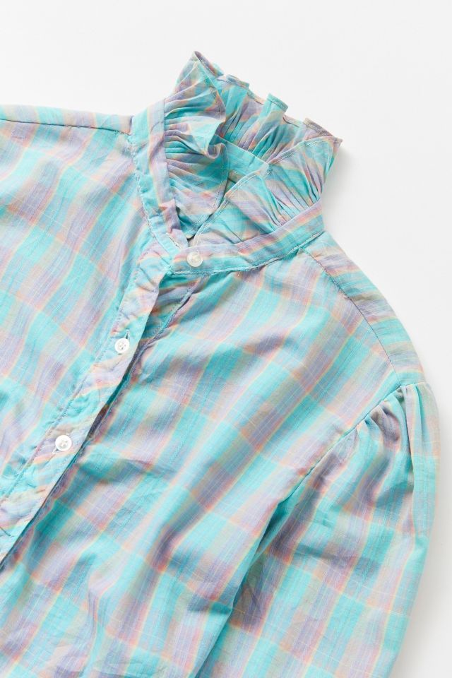 Vintage ‘90s Frilled Neck Plaid Button-Down Shirt #1