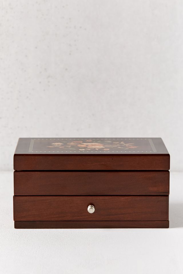 Walnut Florentine Motif Wooden Jewelry Box with Mirror