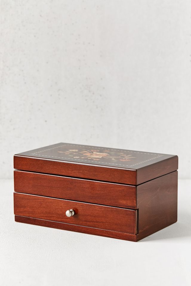 Walnut Florentine Motif Wooden Jewelry Box with Mirror