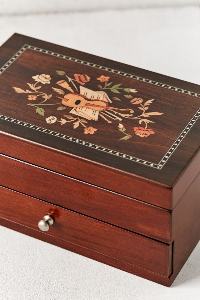 Walnut Florentine Motif Wooden Jewelry Box with Mirror