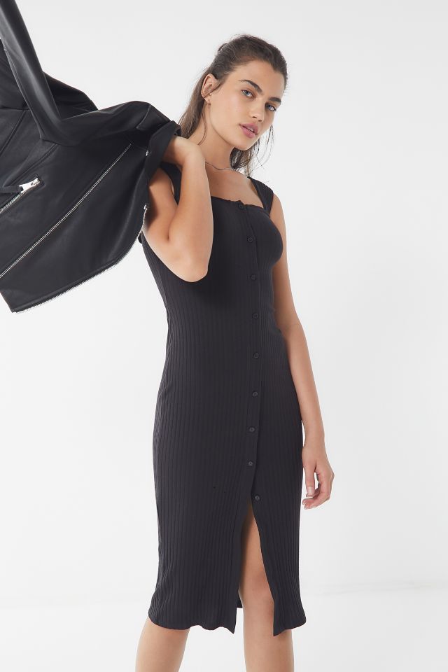 Black Square Neck Rib Knit Midi Dress