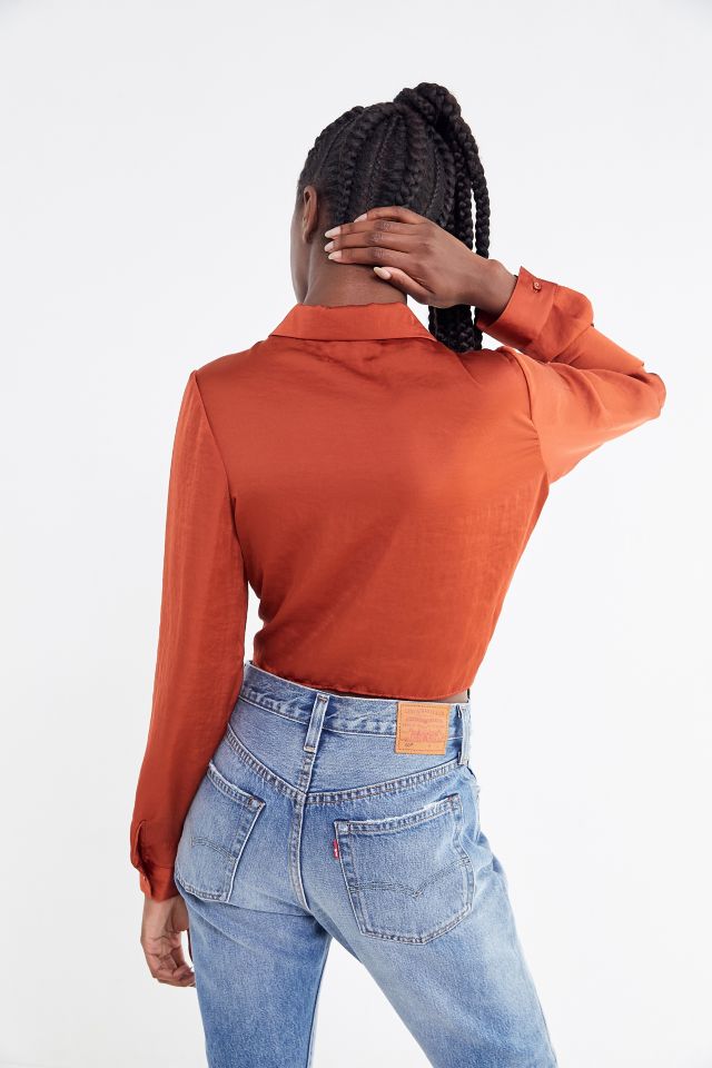 UO Logan Satin Tie-Front Button-Down Top #1