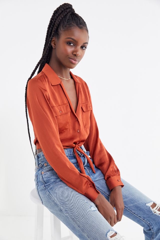 UO Logan Satin Tie-Front Button-Down Top #2
