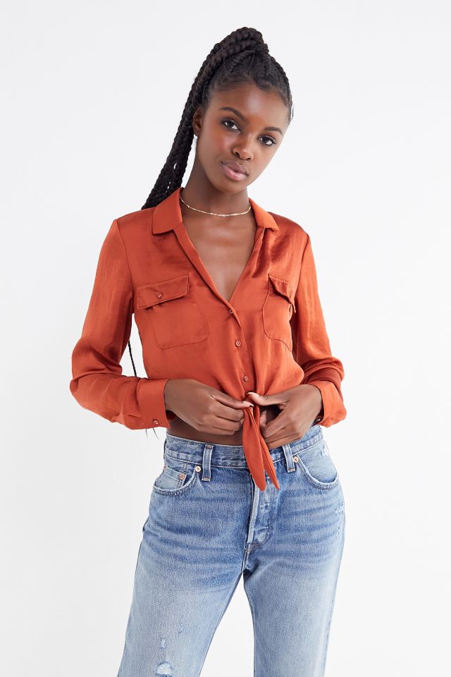 UO Logan Satin Tie-Front Button-Down Top #3