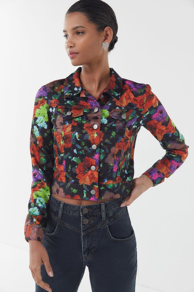 UO Kerina Floral Satin Cropped Trucker Jacket | Urban Outfitters