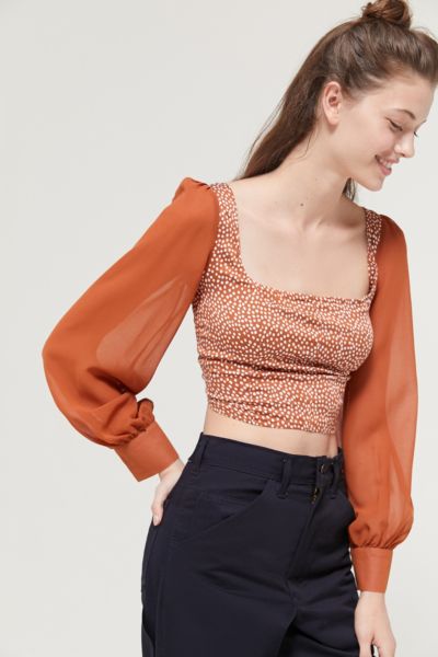 UO Lena Sheer Sleeve Square Neck Cropped Blouse