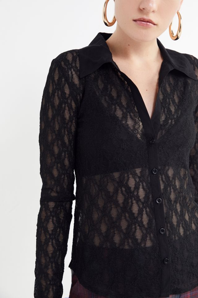 UO Lucie Lace Long Sleeve Button-Down Top #3