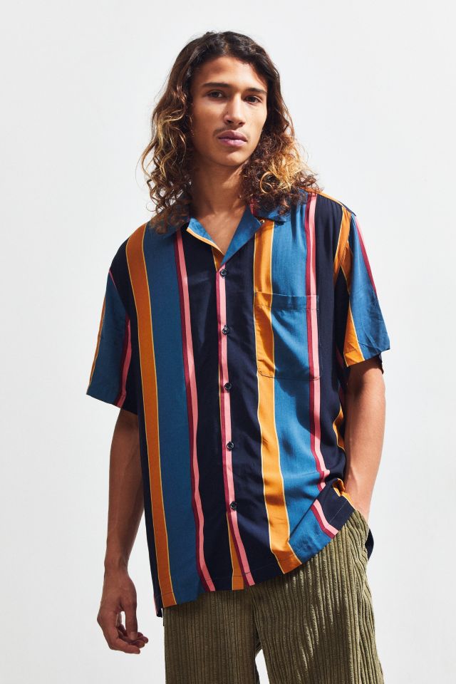 UO Multicolor-Stripe Rayon Short Sleeve Button-Down Shirt #1