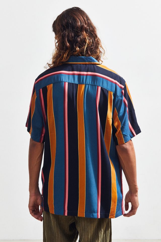 UO Multicolor-Stripe Rayon Short Sleeve Button-Down Shirt #3