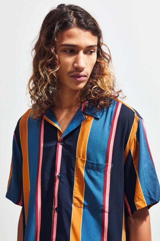 UO Multicolor-Stripe Rayon Short Sleeve Button-Down Shirt #4