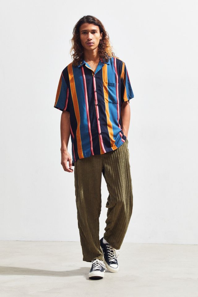 UO Multicolor-Stripe Rayon Short Sleeve Button-Down Shirt #5