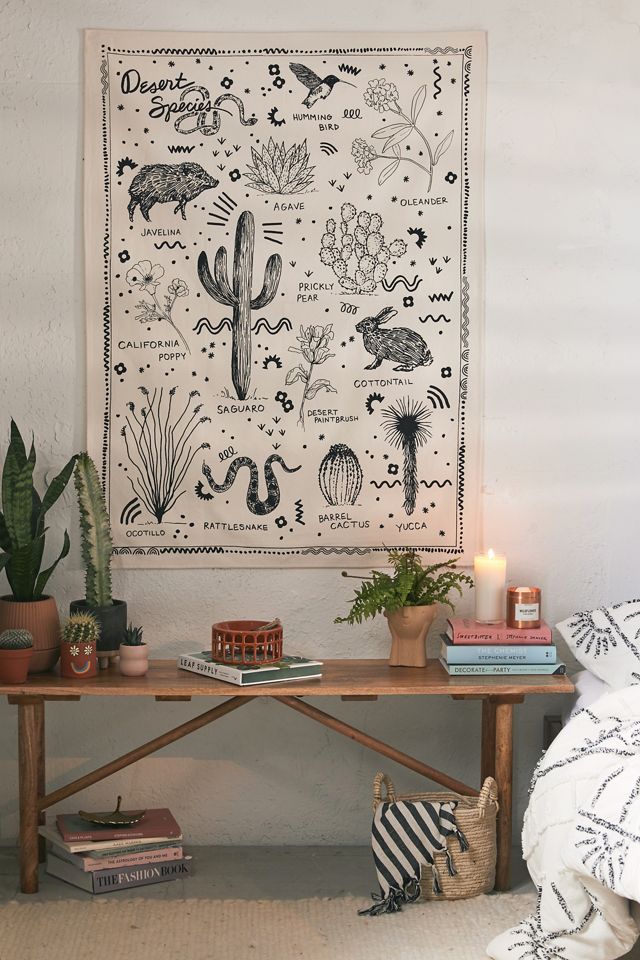 Desert Species Tapestry Animals Plants Reference Chart Tapestry Cactus Flowers Tapestry for Room 51.2 x 59.1 inches
