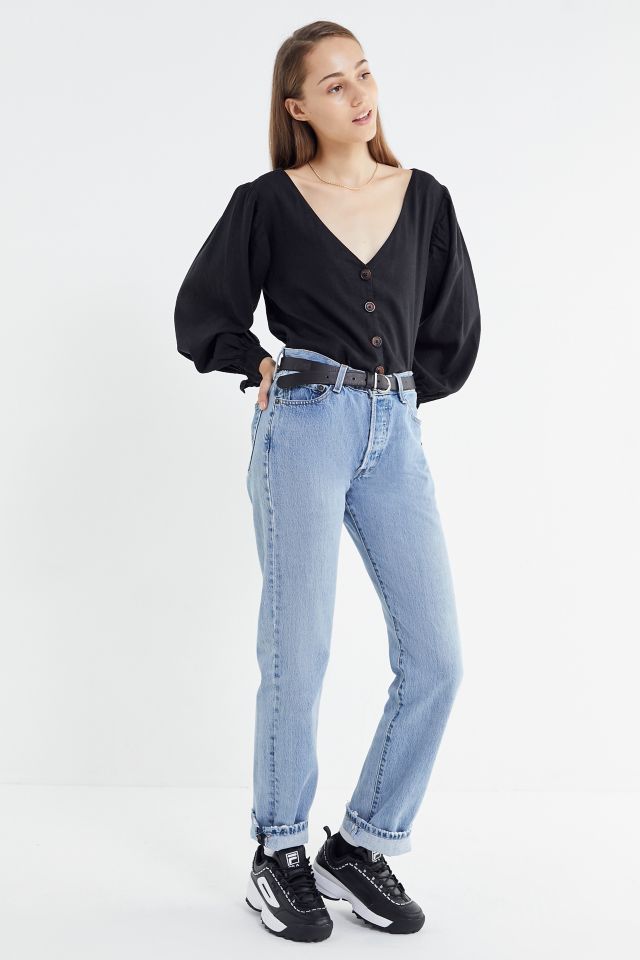 UO Dee Linen Balloon Sleeve Button-Down Top #1