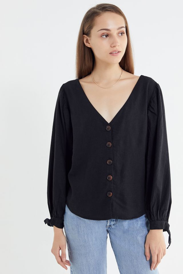 UO Dee Linen Balloon Sleeve Button-Down Top #3