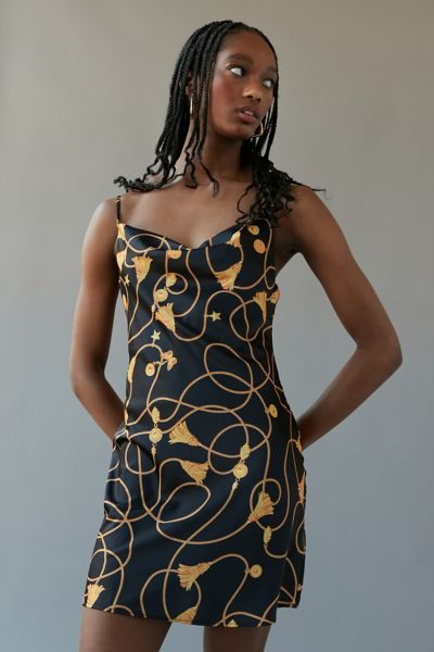 Urban Outfitters Uo Mallory Cowl-neck Slip Dress In Black Foil L