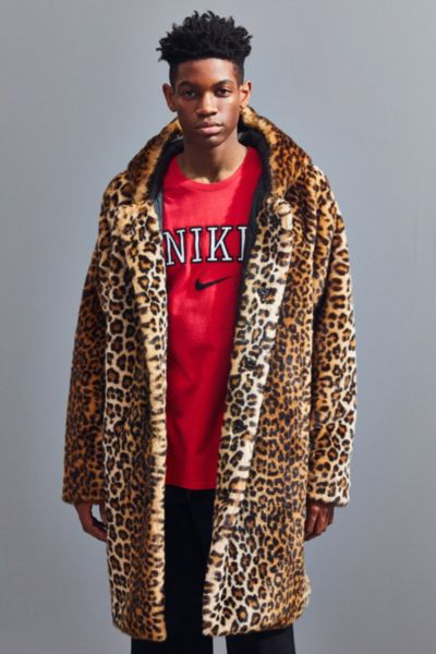 UO Long Hooded Faux Fur Leopard Print Coat