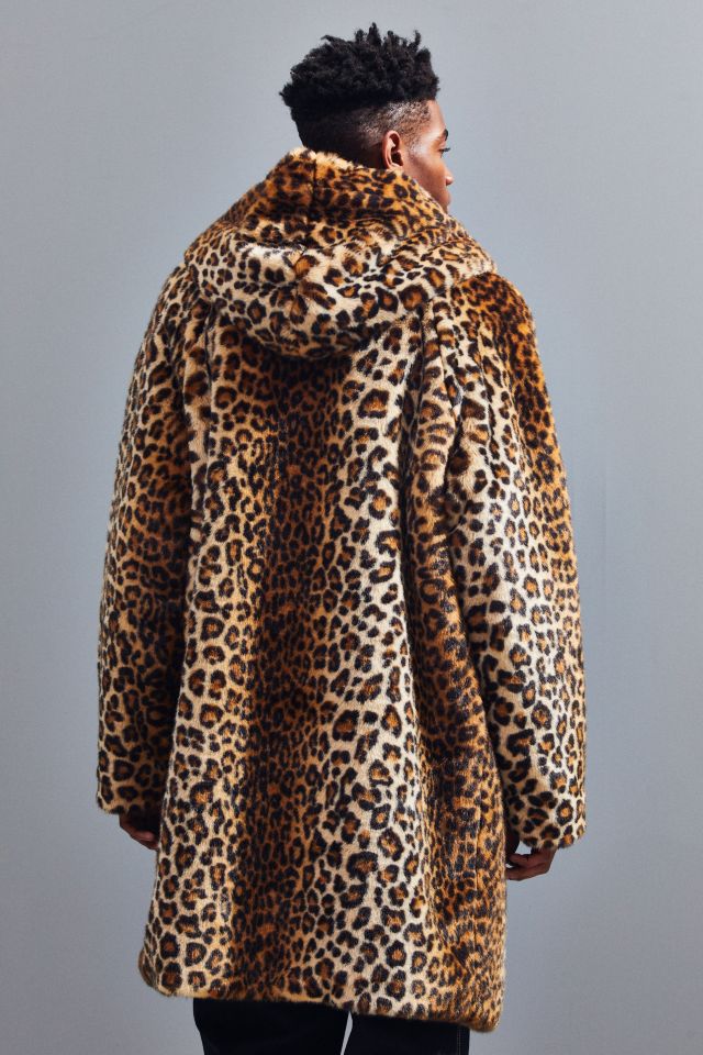 UO Long Hooded Faux Fur Leopard Print Coat