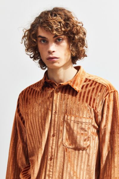 UO Striped Velour Button-Down Shirt | Urban Outfitters