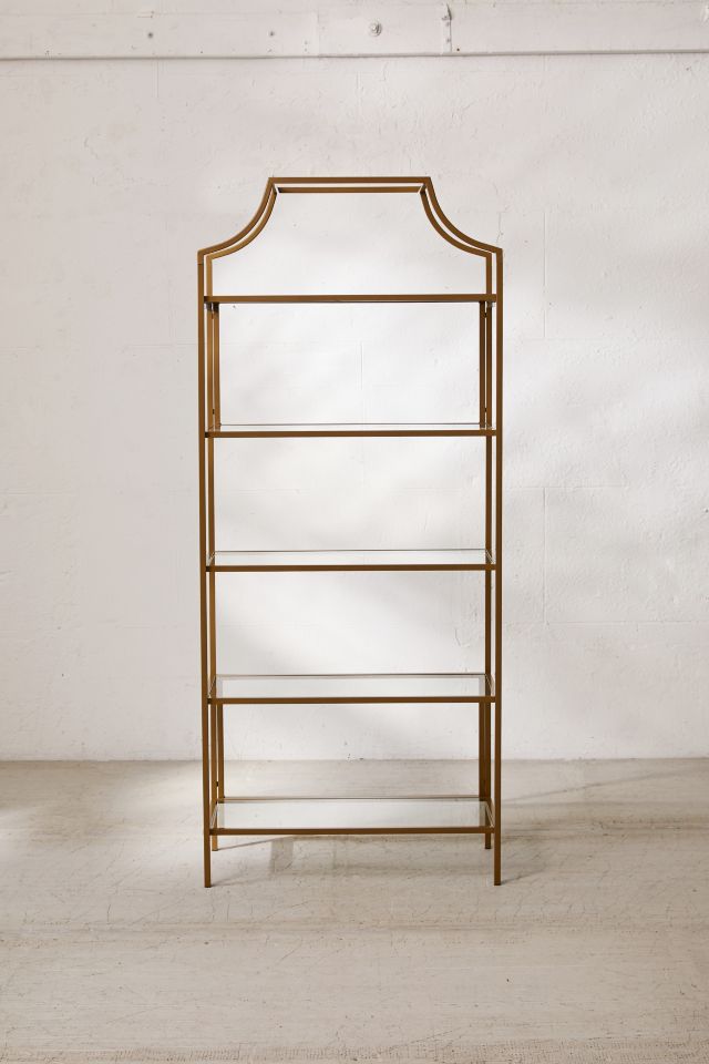 Satin Gold Regency-Inspired Metal and Glass 5-Tier Bookcase