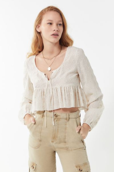UO Florence Embroidered Ruffle Cropped Top | Urban Outfitters